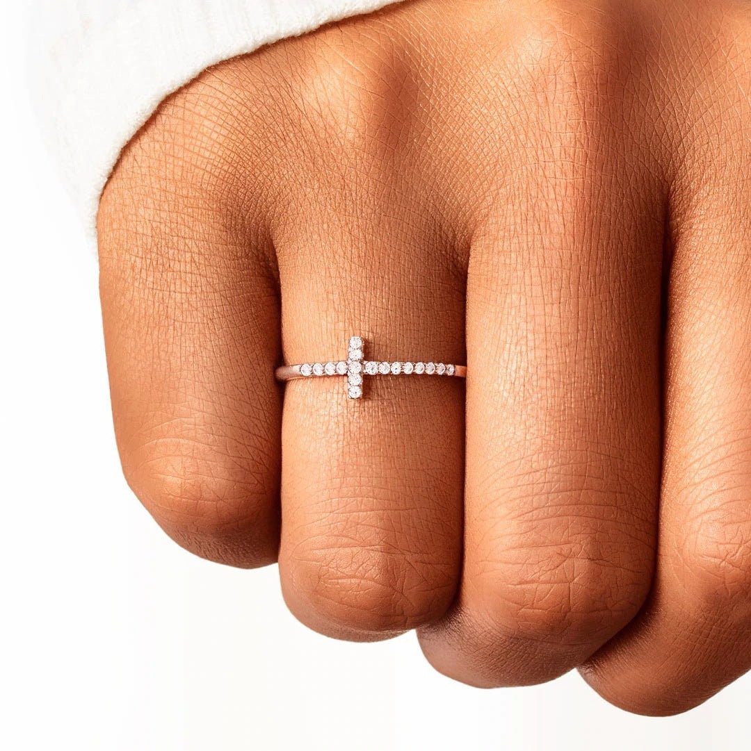 Women's Fashion S925 Sterling Silver Single Row Fine Diamond Cross Ring - Imperiss